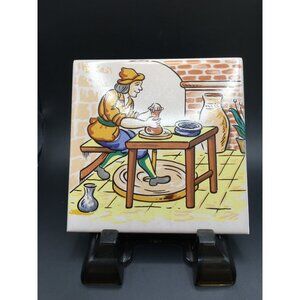 Vintage European Folk Art Tile Wall Plaque Hand Painted Home Decor 4.5''x4.5''
